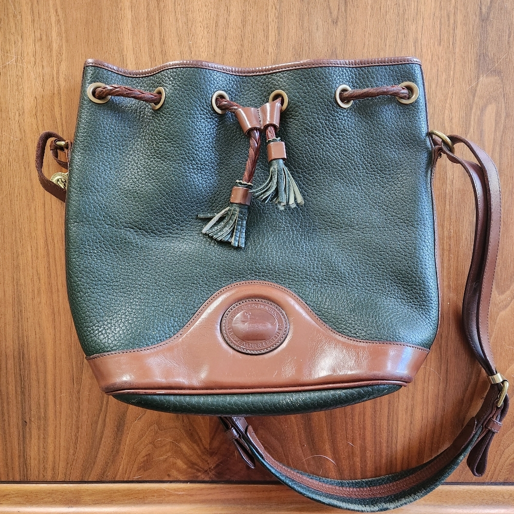 Vintage Dooney & Bourke Bucket Bag, Green and British Tan Pebbled